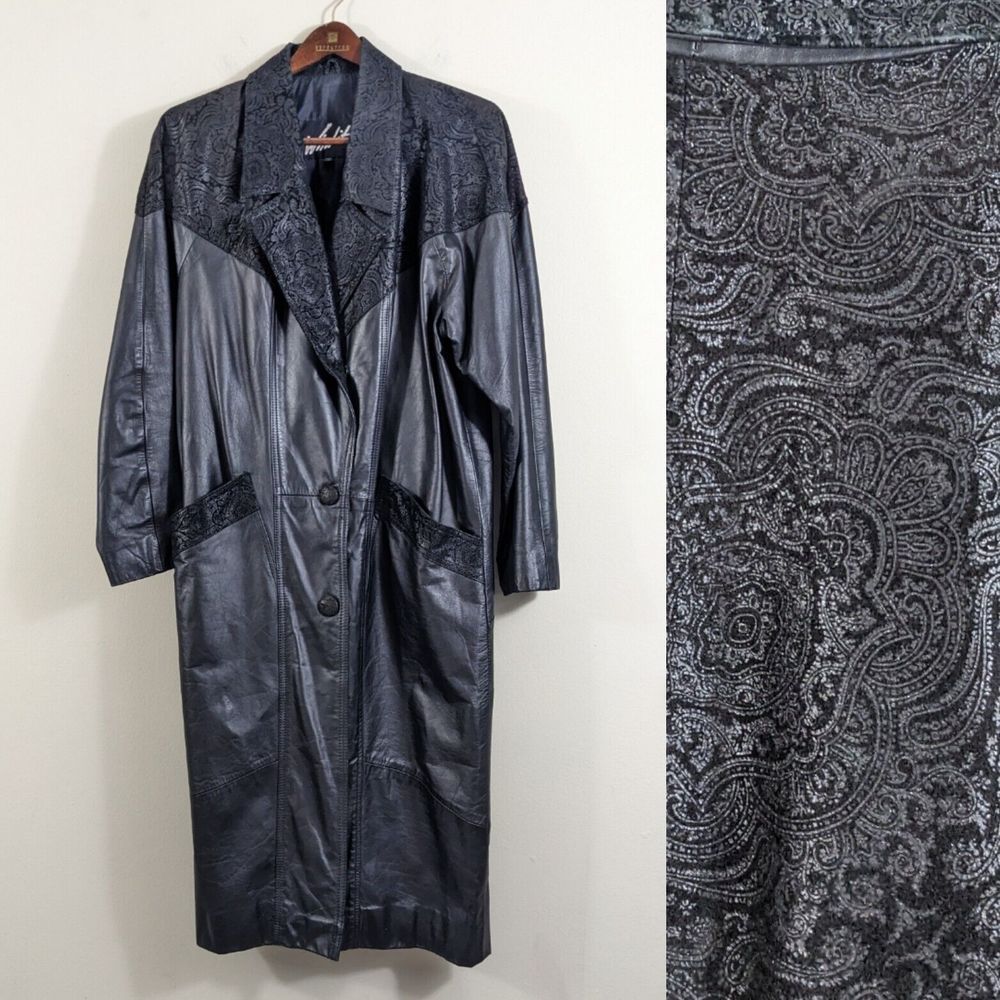 90s Black Leather Trench Duster Long Coat Sz Medium